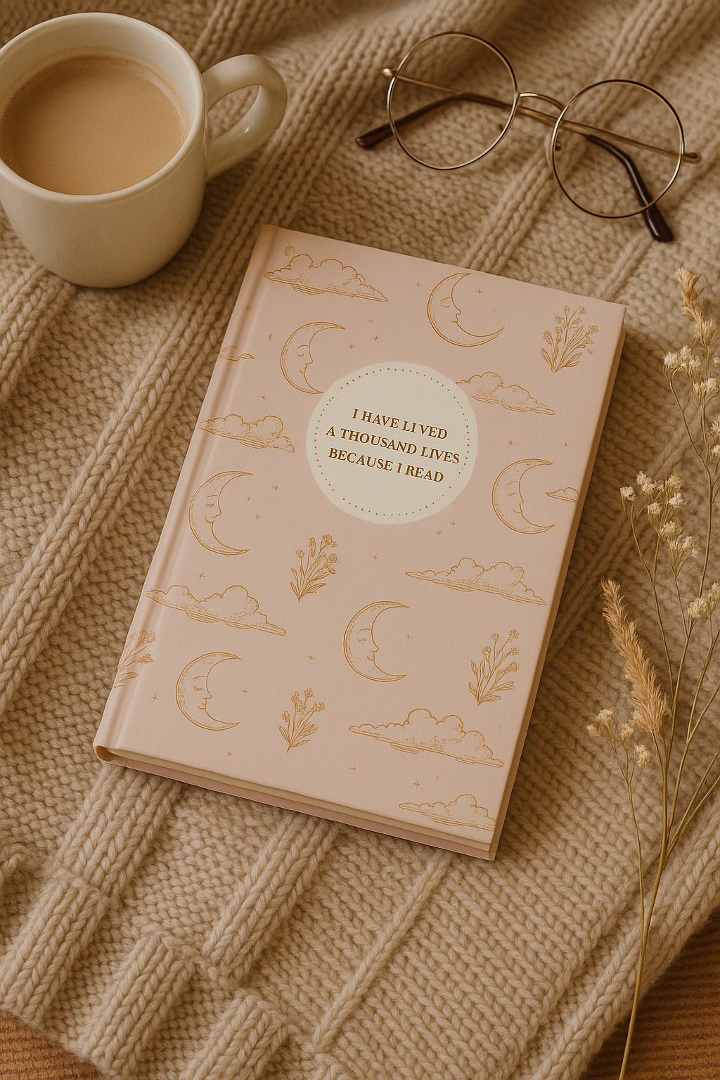 Blush Pink Celestial A5 Hardcover Notebook - “I have lived a thousand lives because I read.”